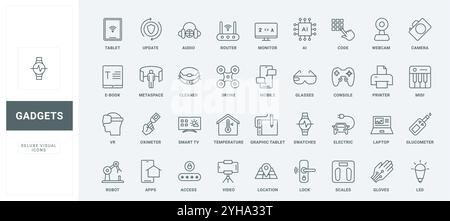 Mobile apps of phone and tablet, access and data update for video and audio electronic devices thin black outline symbols vector illustration. Smart equipment with using AI line icons set. Stock Vector