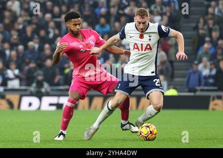 London, UK. 10th Nov, 2024. Tottenham Hotspur midfielder Dejan Kulusevski (21) battles Ipswich Town midfielder Jens Cajuste (12) during the Tottenham Hotspur FC v Ipswich Town FC English Premier League match at the Tottenham Hotspur Stadium, London, England, United Kingdom on 10 November 2024 Credit: Every Second Media/Alamy Live News Stock Photo