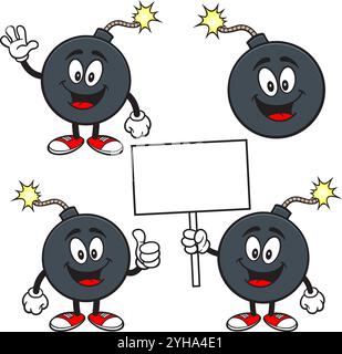 Bomb Character Set 01, Hand Drawn Vector illustrations, Isolated On Transparent Background Stock Vector