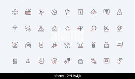 Information technology, data storage and network infrastructure with AI, software settings line icon set. Server and computer, code security thin black and red outline symbols vector illustration Stock Vector