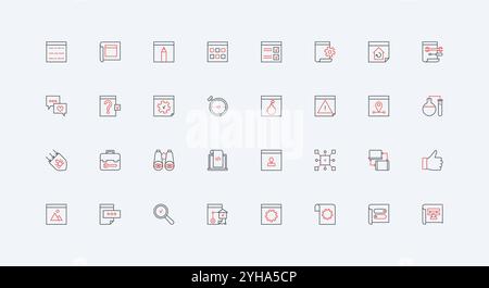 Web development, software coding, algorithms line icon set. Browser window with gear alert signs, programs to develop and rebuild webpage thin black and red outline symbols vector illustration Stock Vector