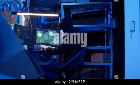 Rogue computer expert in graffiti sprayed hideaway targeting vulnerable unpatched connections, focused on getting past digital devices security and stealing valuable sensitive data, dolly in shot Stock Photo