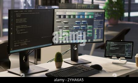 Empty IT department office used for building artificial intelligence machine learning software technology. Bright modern company workspace with nobody in and devices left open on desks Stock Photo