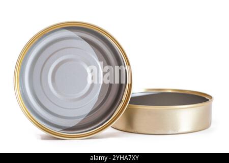 Two Opened Empty Tin Cans Isolated on White Background. Clean Used Aluminum Cans - Isolation. Non-Degradable Inorganic Waste Stock Photo