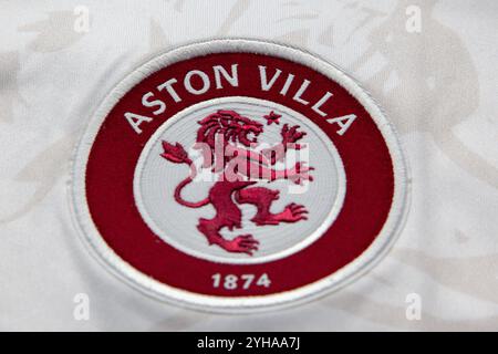 Aston Villa Crest (emblem) pictured on a football shirt Stock Photo