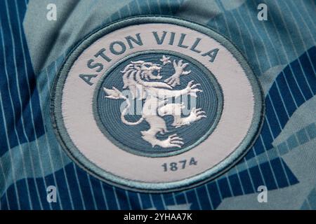 Aston Villa Crest (emblem) pictured on a football shirt Stock Photo