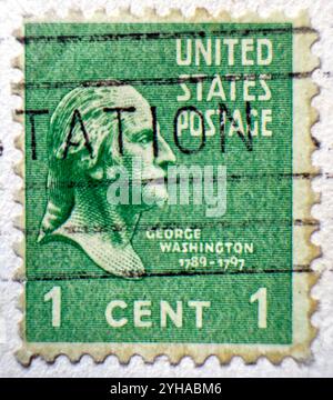 One cent George Washington green US Postage stamp from the early 20th century Stock Photo