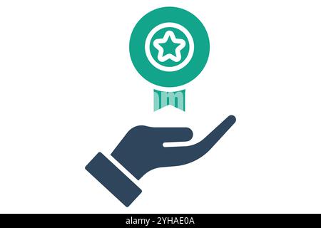 Benefits icon. solid icon style. hand with medal. icon related to motivation. success elements vector illustration Stock Vector