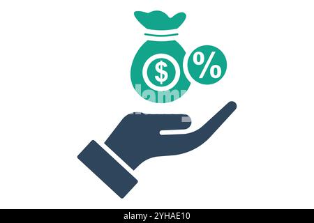 Interest icon. solid icon style. hand with money bag and discount. icon related to motivation. success elements vector illustration Stock Vector