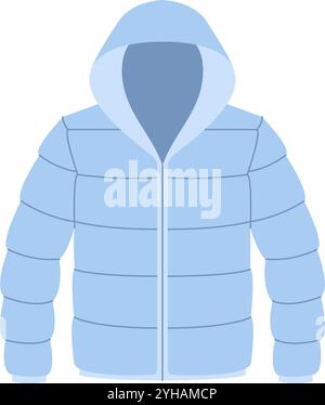 Vector illustration. Blue puffed warm winter jacket with a hood. Hand drawn flat style isolated. Vector illustration Stock Vector