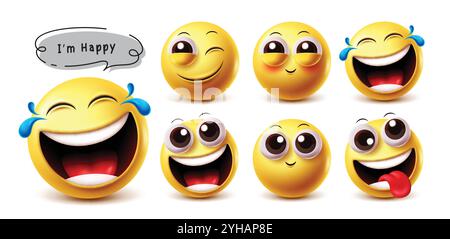 Happy emoji emoticon vector characters set. 3d emojis in happy face with yellow emoticon character like winking, cute, funny, cheerful and naughty Stock Vector