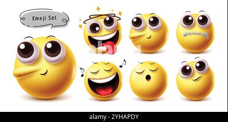 Pinocchio emoji vector characters set. Pinocchio 3d emoji character with dizzy, quiet, singing, tired and confuse facial expression yellow emoticon Stock Vector