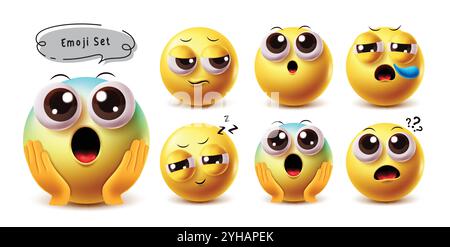 Shock emoji emoticon vector character set. Emojis 3d  yellow icon shock character with surprise, sad, sneezing, sleepy, shocked and thinking facial Stock Vector