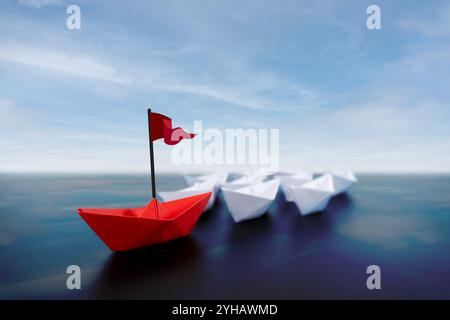 Success leadership concept, Origami red paper boat floating in front of white paper boats on winding blue river, Paper art design banner background. Stock Photo