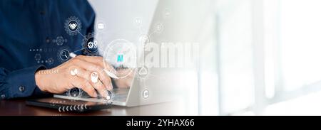 AI Artificial Intelligence. Business woman using AI technology for data analysis, coding computer language with digital brain, machine learning on vir Stock Photo