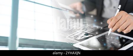 Businessman or freelancer using computer laptop working remote in concept of Ai digital transformation technology DEVOPS global internet connect marke Stock Photo