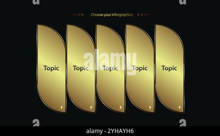 SET of five golden Abstract business infographics, and groups luxury options template on dark background Stock Vector