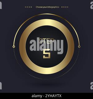 Step 5 Luxury number option for Premium multipurpose Infographic Vector template, an element step option, golden version on a dark background Stock Vector