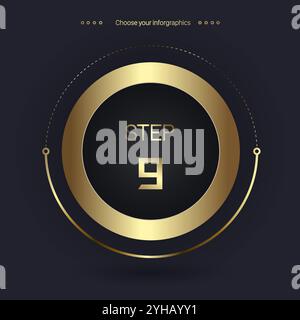 Step 9 Luxury number option for Premium multipurpose Infographic Vector template, an element step option, golden version on a dark background Stock Vector