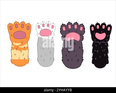 Feline car animal paws collection different breed colorful fluffy fur pet paw foot kitten design icons set bundle Stock Vector