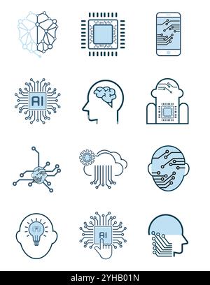 Groups of Artificial intelligence icons set. Collection of high quality outline web pictograms in modern flat style Stock Vector