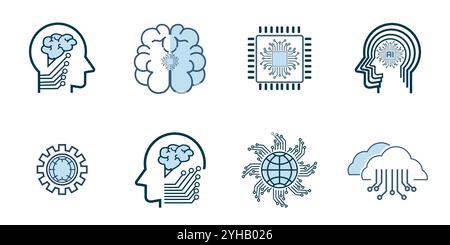 Groups of technology icon set, such as robot, digital, vr, ai, cyber Artificial Intelligence groups Related Vector Line Icons. Contains such Icons as Stock Vector