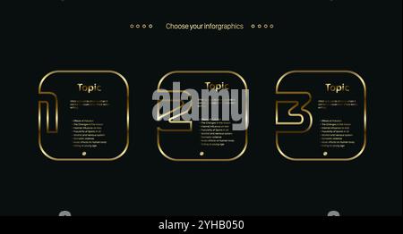 three gold pannel infographic, luxury box lines multipurpose Infographic buttons design template, with three options and Premium golden version on a d Stock Vector