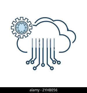 AI clouds with blue lines of processing system of technology, connection of circuits lines in to the setting up icon isolated on a white background. V Stock Vector