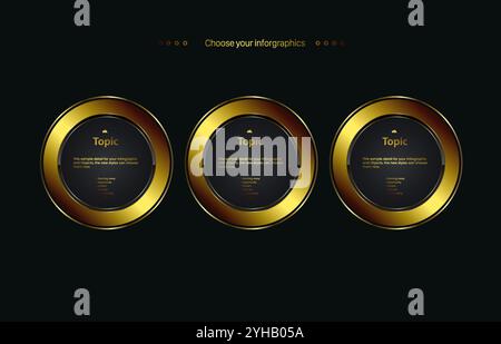 Set of three gold option, three Luxury circle in golden color, abstract Vector button for multipurpose Infographic template, gold element options Stock Vector