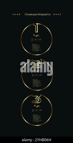 Set of three Vector golden, premuim, luxury multipurpose Infographic template design, three options and elements options on vertical dark background Stock Vector