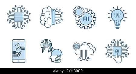 Artificial Intelligence groups Related Vector Line Icons. Contains such Icons as AI processing, Algorithm, Self-learning style. Editable Stroke design Stock Vector