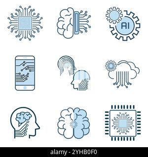 Set of Artificial Intelligence Vector Line Icons, Face Recognition, Android, Humanoid Robot, Thinking Machine. Editable Stroke vector Stock Vector