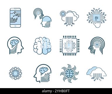 Set of Artificial Intelligence-AI icons, symbols vector design, vector Line Icons, Face Recognition, Android, Humanoid Robot, Thinking Machine. Editab Stock Vector