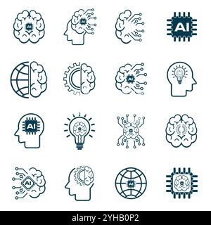 Set of Artificial intelligence icons, AI icons group set vector design, used in Ai Concepts, artificial intelligence icon set in line style, machine l Stock Vector