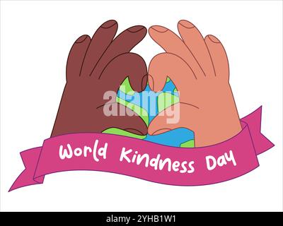 World kindness day hands shaped heart sign campaign reminder spread awareness care diversity icon global earth planet pink ribbon colorful design set Stock Vector