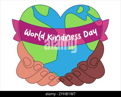 World kindness day hands holding earth shaped heart care unity diversity icon colorful environmental care global international celebration Stock Vector