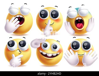 Emoji hands vector characters set. Emojis hand gesture, thinking, salute and waving pose for 3d graphic yellow clip art character. Vector illustration Stock Vector