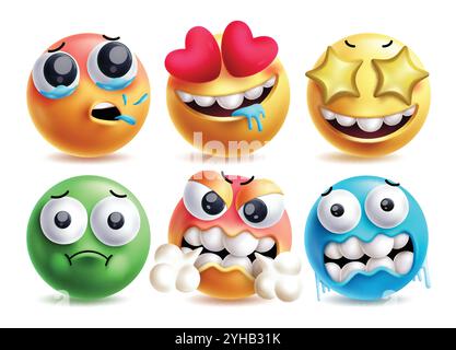 Drooling emoji vector characters set. Emojis 3d clipart character like in love, cough, obsessed, star eye, sick, angry and cold facial expressions Stock Vector