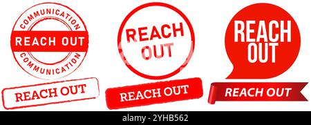 Reach out red stamp badge label sticker icons task job mission accomplished well done communication team work aim goal target emblem icon design set Stock Vector