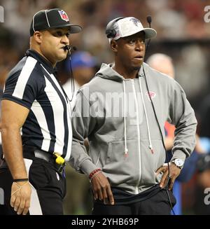 Atlanta Falcons head coach Raheem Morris watches the clock during an NFL  football game against the Carolina Panthers on Sunday, Oct. 13, 2024, in  Charlotte, N.C. (AP Photo/Rusty Jones Stock Photo - Alamy