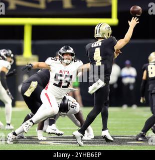 New Orleans, United States. 10th Nov, 2024. Atlanta Falcons linebacker Nate Landman (53) closes in on New Orleans Saints quarterback Derek Carr (4) while in the act of throwing during a National Football League contest at the Caesars Superdome on Sunday, November 10, 2024 in New Orleans, Louisiana. (Photo by Peter G. Forest/Sipa USA) Credit: Sipa USA/Alamy Live News Stock Photo