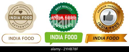 India food traditional cuisine restaurant premium ingredients tasty stamp colorful badge sticker label emblem ribbon design icon set collection Stock Vector