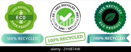 100% recycled recyclable product eco-friendly save earth reusable stamp green badge emblem waste nature care sticker design icon set collection Stock Vector