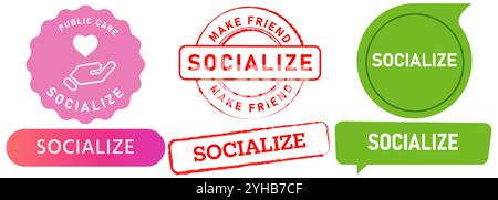 Socialize human person connection communication social socializing cooperation friends stamp colorful badge sticker emblem seal label design icon set Stock Vector