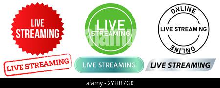 Live stream online broadcast on air streaming internet website media stamp colorful badge emblem label banner sticker seal design icon set collection Stock Vector