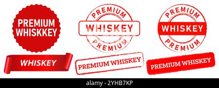 Premium whiskey drink drunk beer alcohol stamp badge red banner label sticker watermark element emblem premium best quality guarantee design icon set Stock Vector