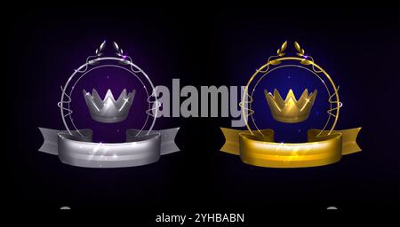 Silver and golden royal awards set isolated on black background. Vector realistic illustration of sparkling laurel wreath and ribbon, luxury crown and sparkles in air, game champion, elite club sign Stock Vector
