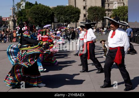 Hundred of mariachis taking part during the Mariachi World Record as part of the closing of the First World Mariachi Congress. 1,122 Mariachis break Guinness World Record by performing the popular Mexican song 'Cielito Lindo'' at the same time at main square Zocalo. on November 10, 2024 in Mexico City, Mexico. Stock Photo