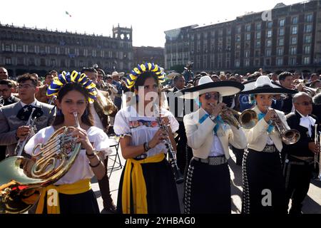 Hundred of mariachis taking part during the Mariachi World Record as part of the closing of the First World Mariachi Congress. 1,122 Mariachis break Guinness World Record by performing the popular Mexican song 'Cielito Lindo'' at the same time at main square Zocalo. on November 10, 2024 in Mexico City, Mexico. Stock Photo