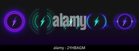Glowing wireless charging icons set with lightning bolt symbols in neon purple and turquoise colors. Battery power luminous indicators of different circular patterns, dotted halos and radial designs. Stock Vector